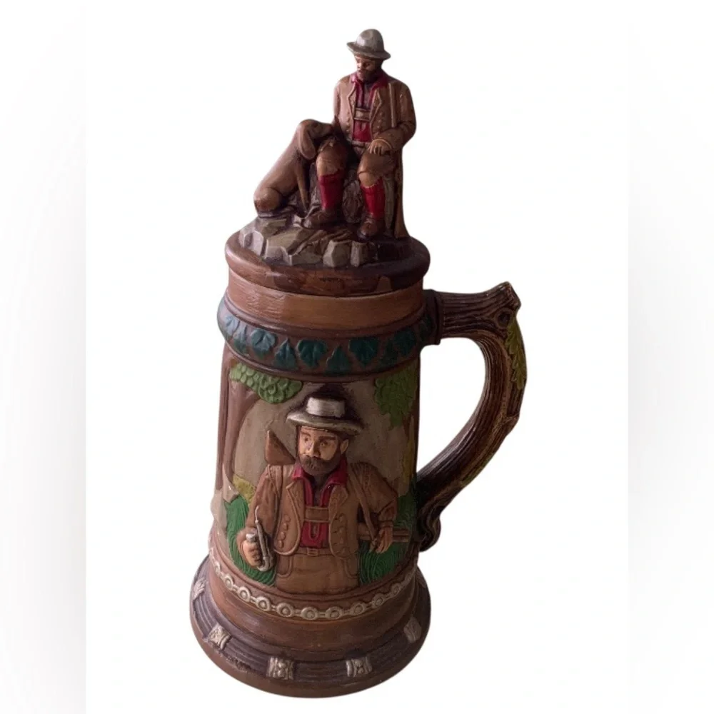 Vintage Ceramic Beer Stein Mug Hunting Scene Buck Deer Dog Large Size 13”